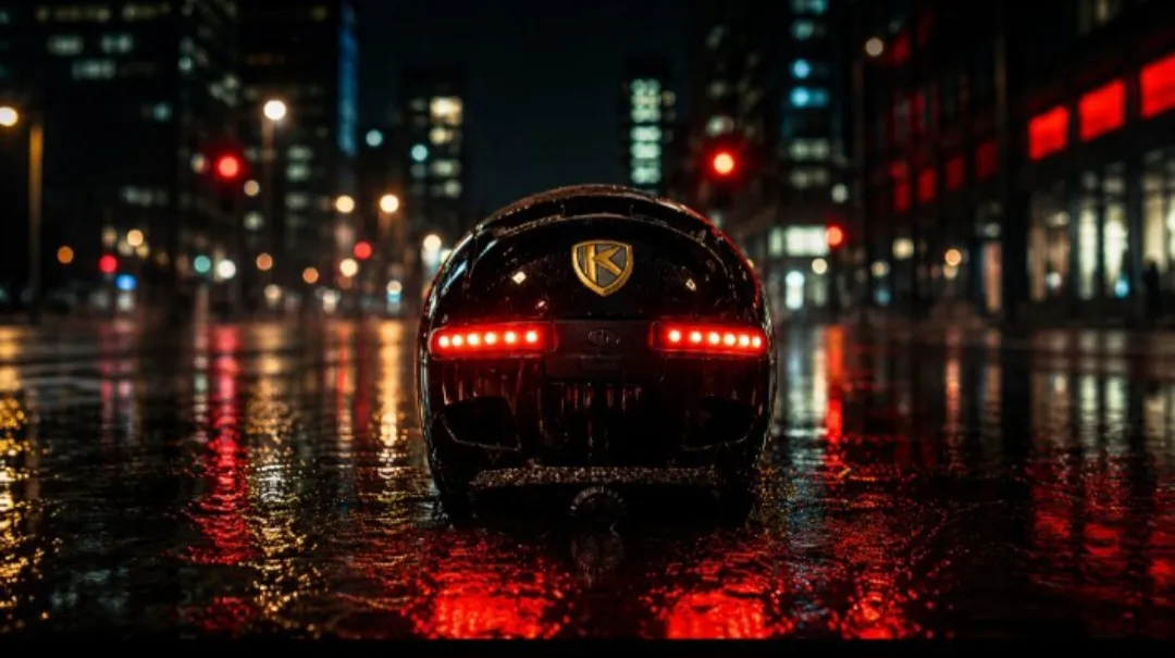 Casque KOVRYX aux feux LED rouges dans une rue de nuit sous la pluie